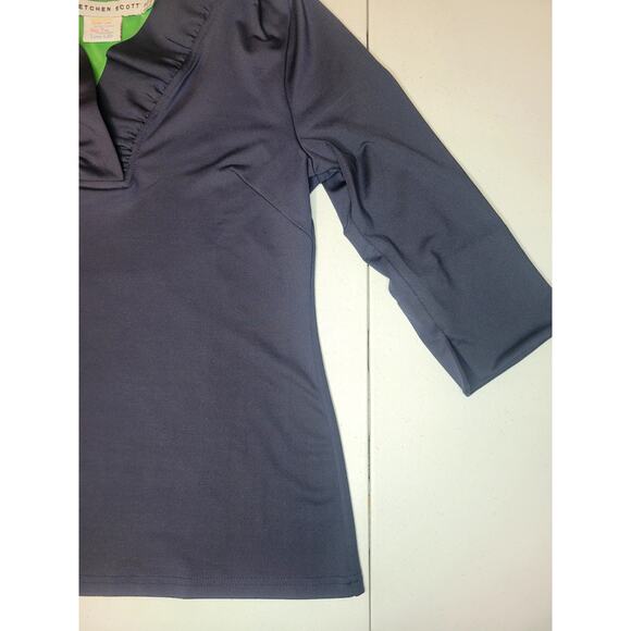Gretchen Scott Women's Small Ruffle Neck 3/4 Sleeve Stretchy Top Navy Casual - Picture 4 of 13